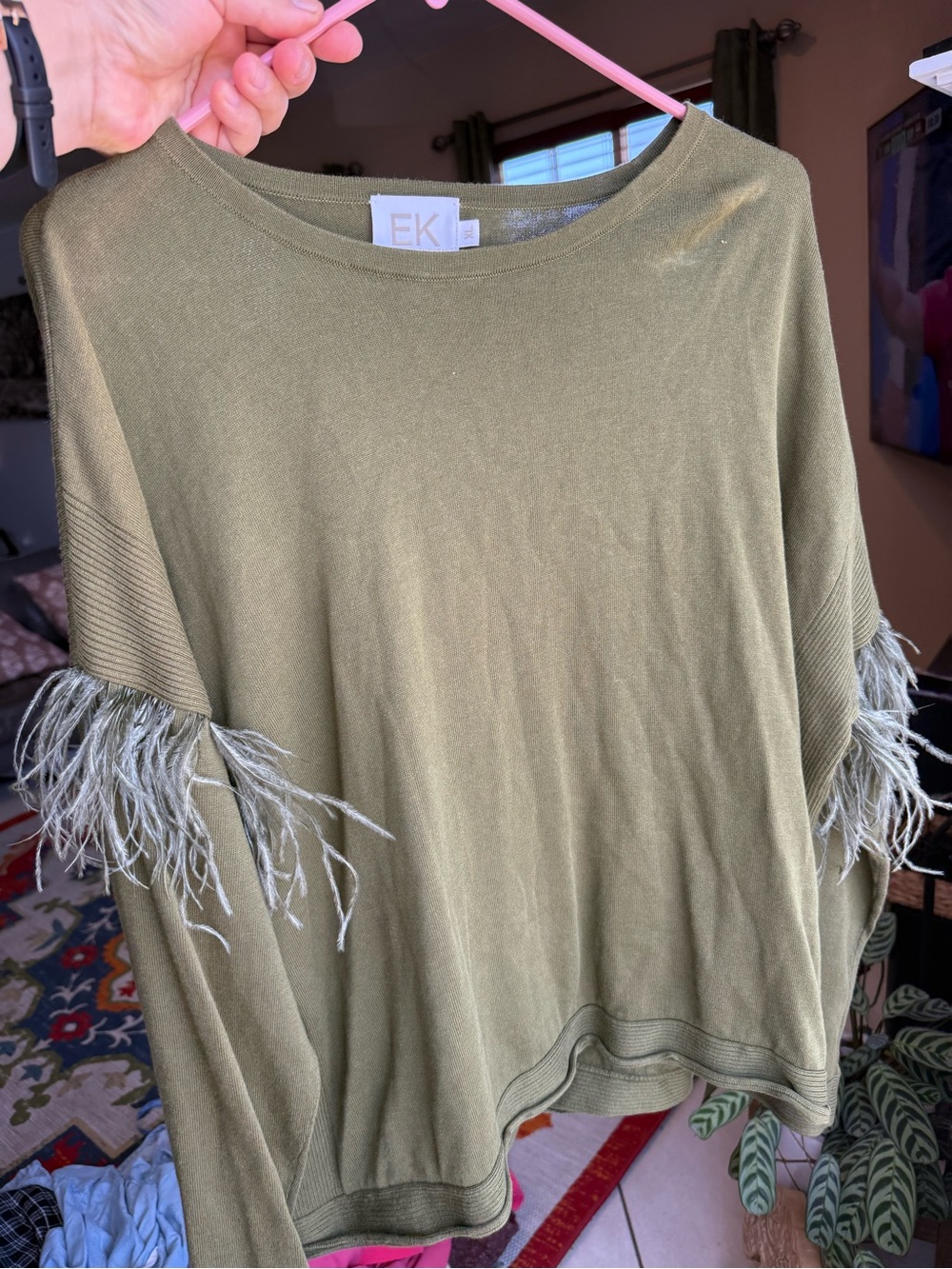 EK Olive Green Feather Trim Sweater